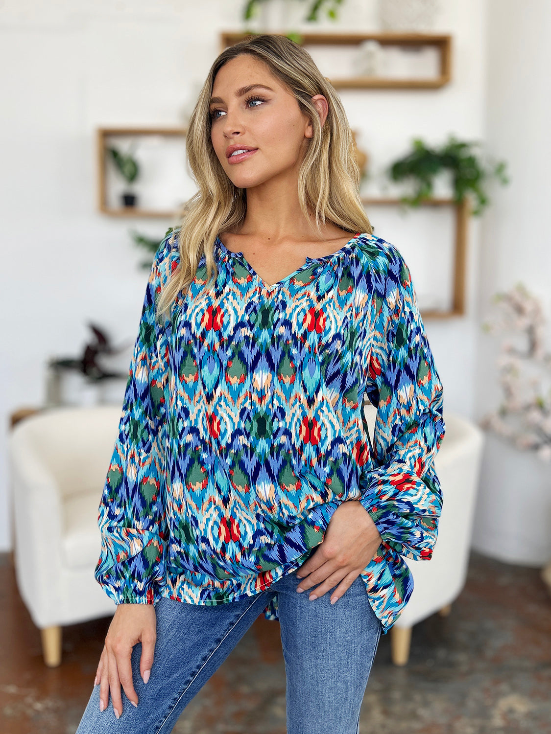 Double Take Full Size Printed Balloon Sleeve Blouse Trendsi