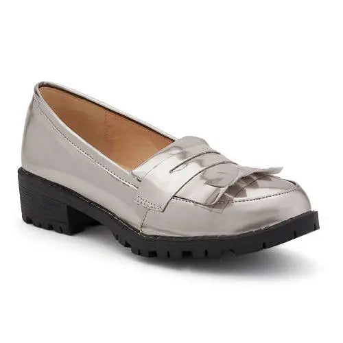 HM1602011 mirrored patent leather loafer with rubber outsole.