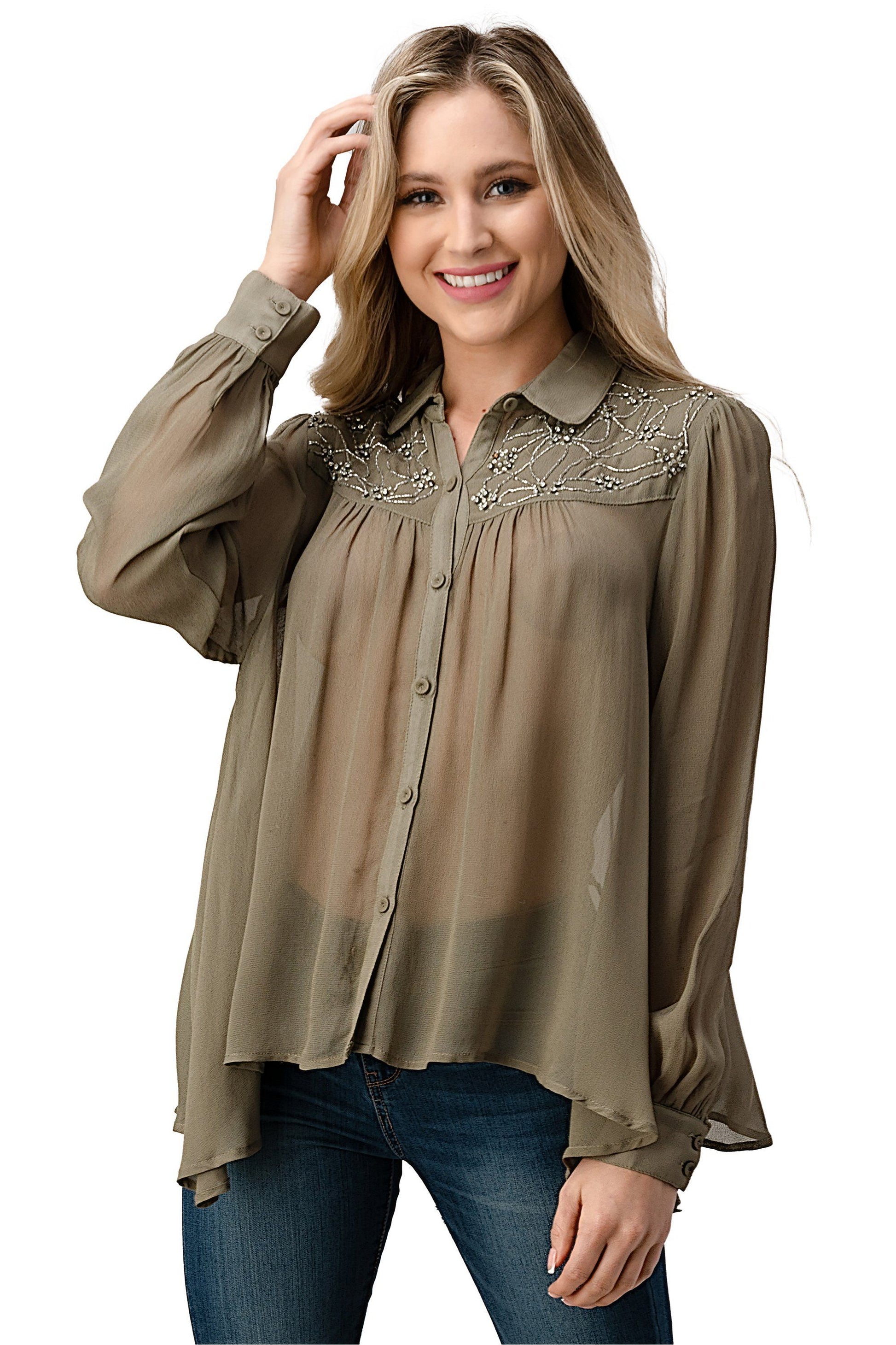 Embroidered Sheer Button-Up Blouse – Casual Elegance Indigo Arrowwood