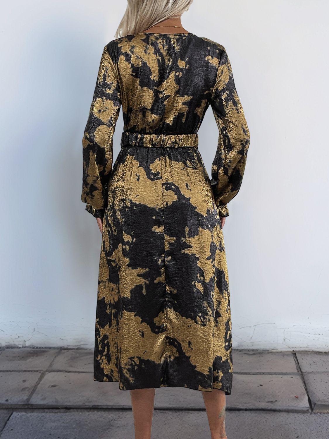 Perfee Printed Surplice Long Sleeve Midi Dress Trendsi