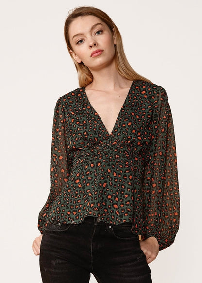 V-neck Puff Sleeve Blouse in Leopard Hunt Lemon Hera