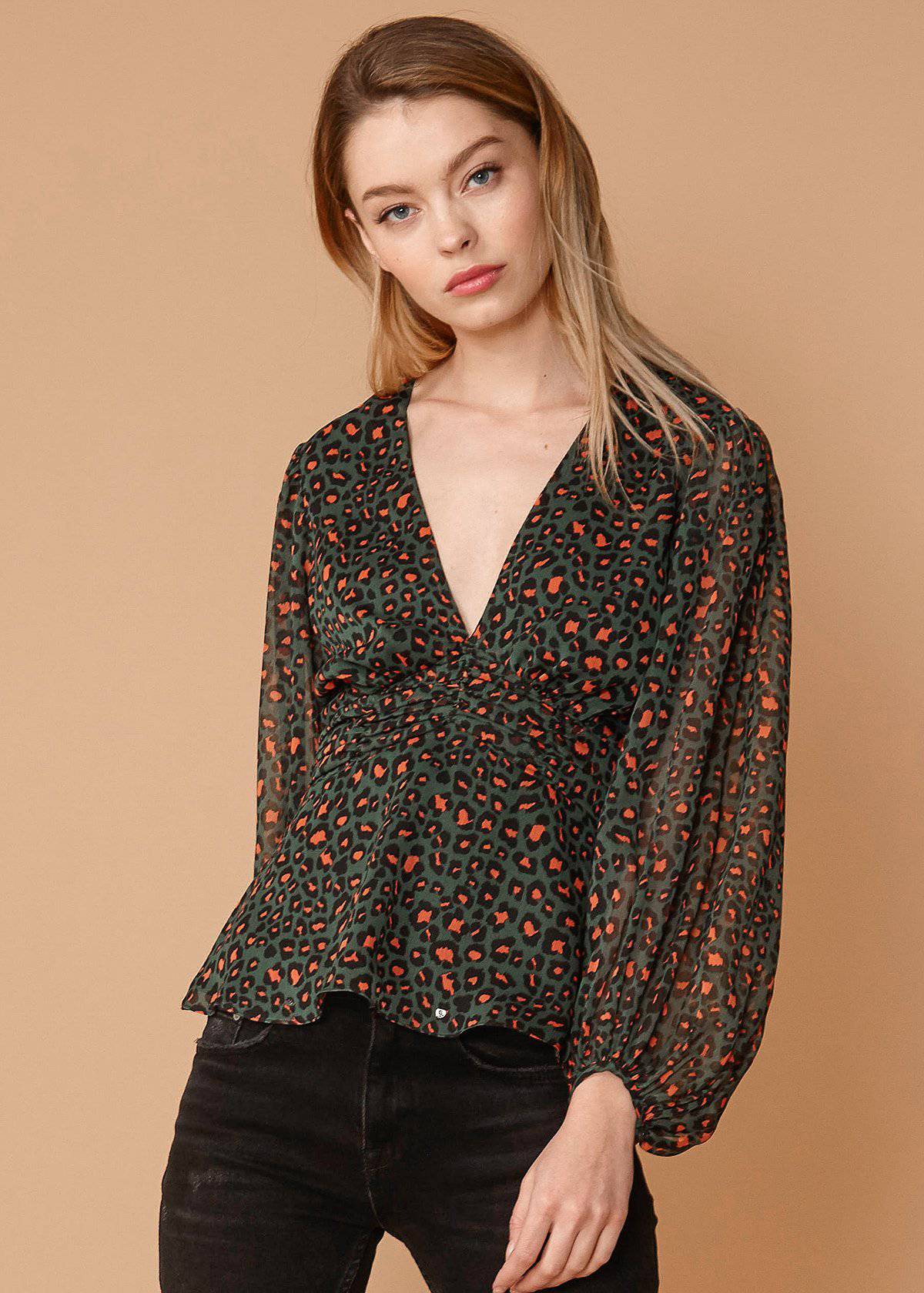 V-neck Puff Sleeve Blouse in Leopard Hunt Lemon Hera