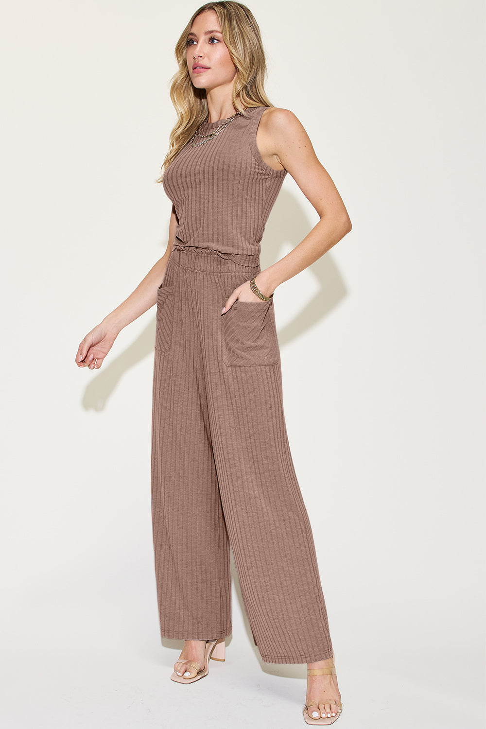 Basic Bae Full Size Ribbed Tank and Wide Leg Pants Set Trendsi