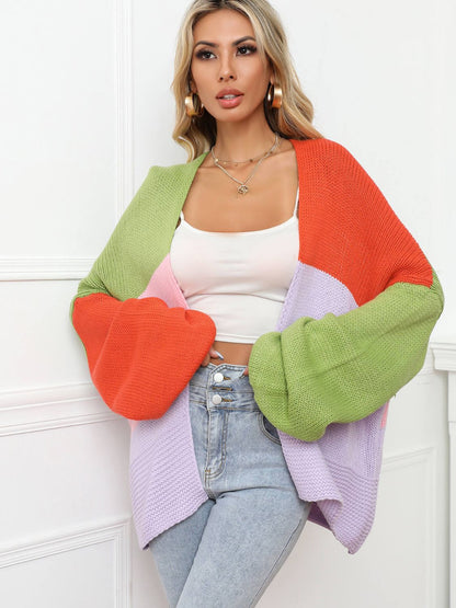 Angel Wings Color Block Open Front Balloon Sleeve Longline Cardigan Trendsi