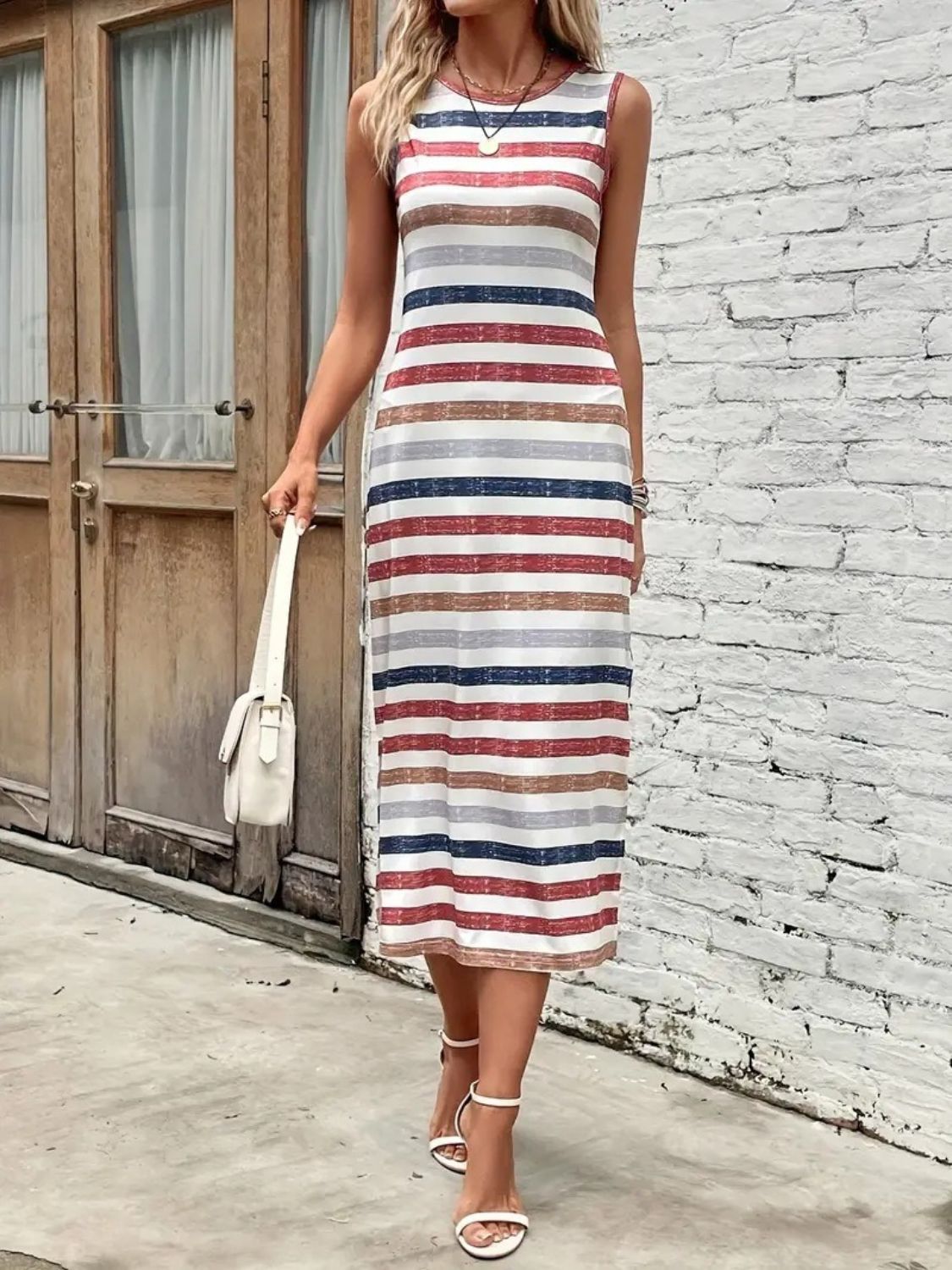 Slit Printed Round Neck Sleeveless Dress Trendsi