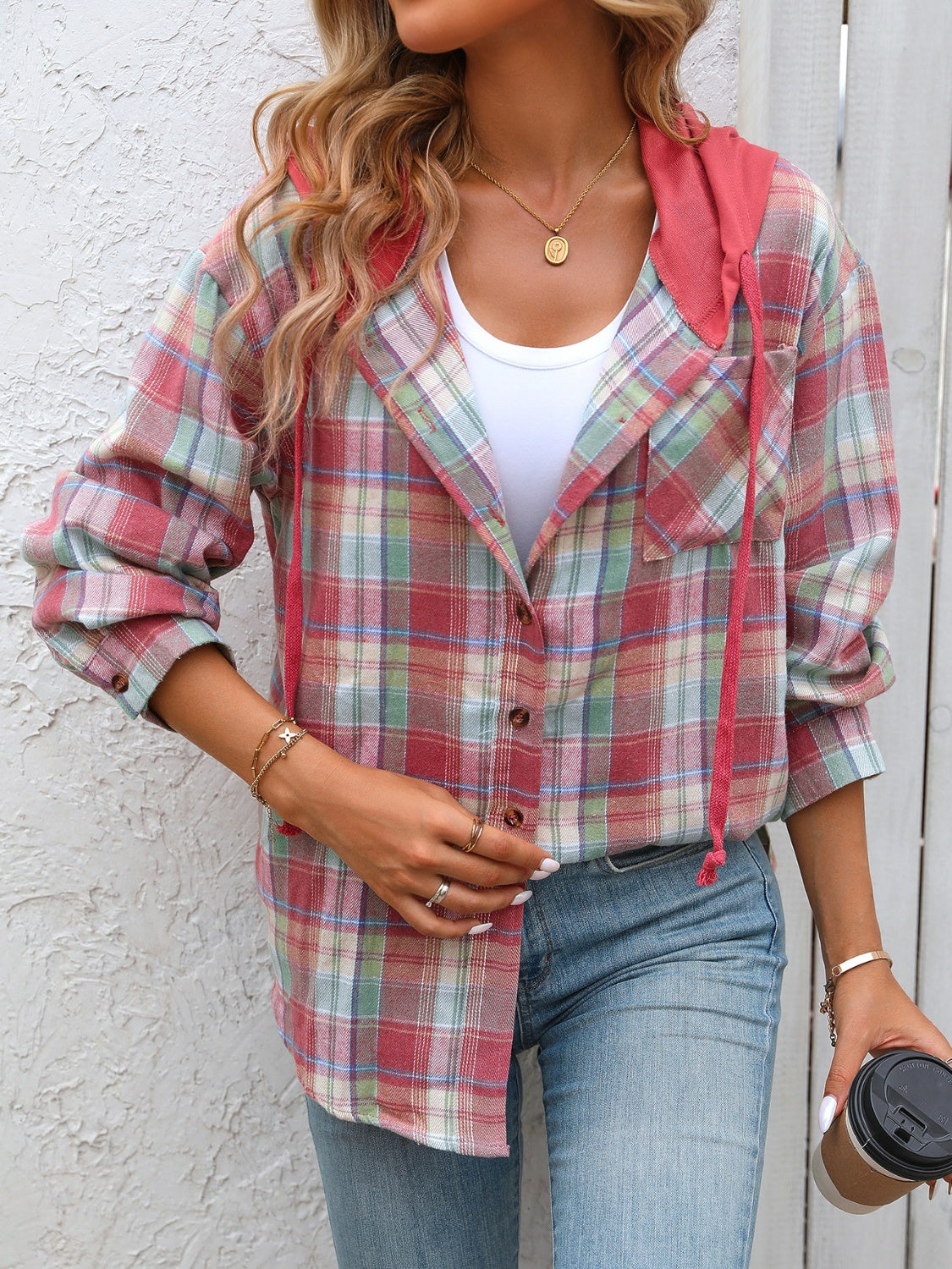 Plaid Long Sleeve Hooded Jacket Trendsi