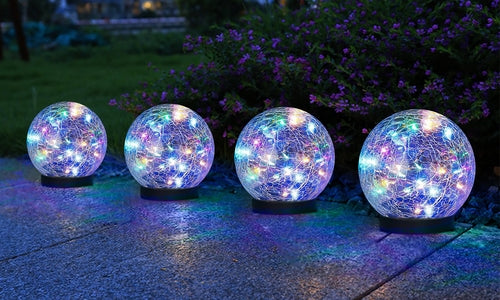 2Pcs Solar Lights Outdoor Garden Decor Cracked Glass Ball Warm Lights Pink Iolaus