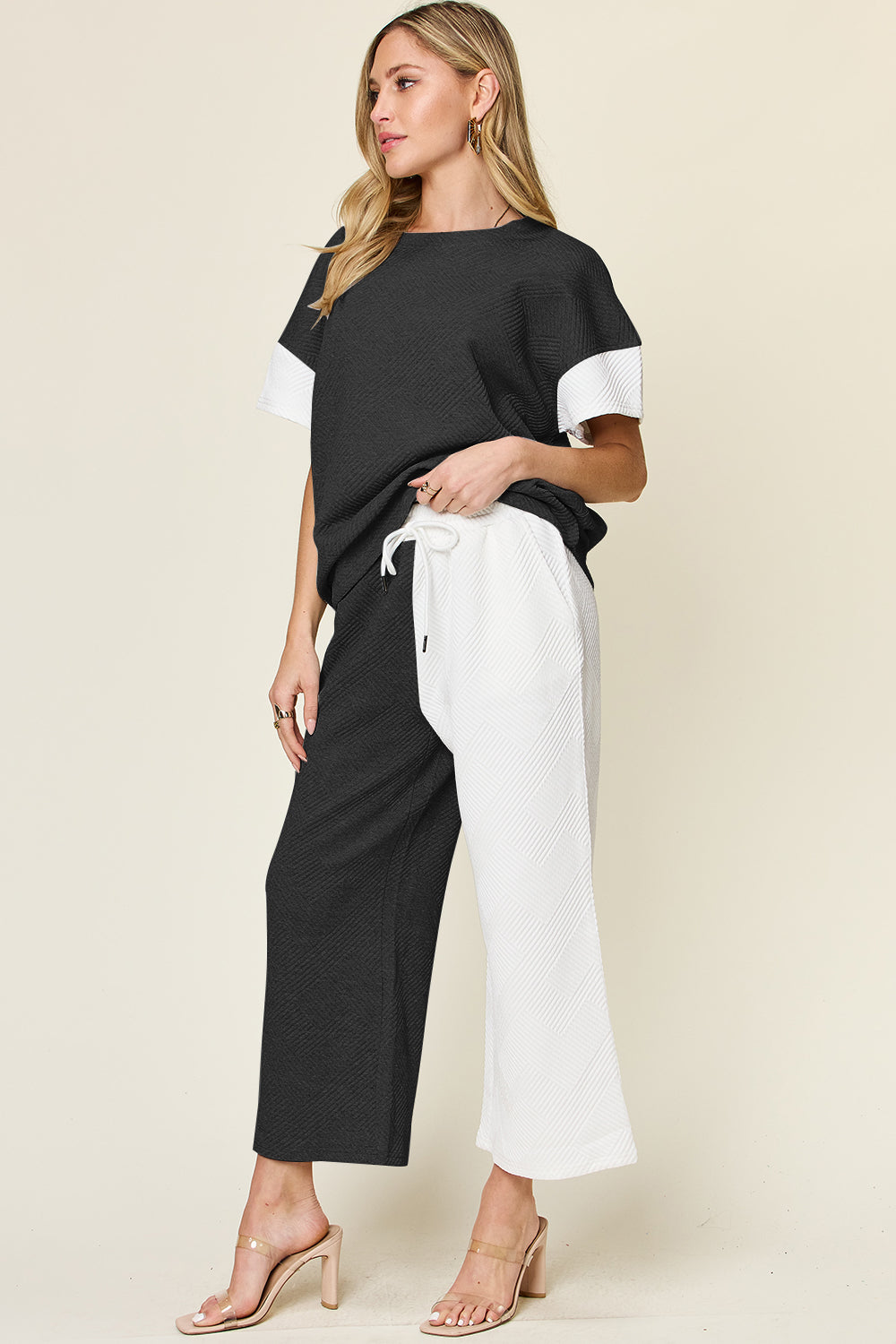 Double Take Full Size Texture Contrast T-Shirt and Wide Leg Pants Set Trendsi