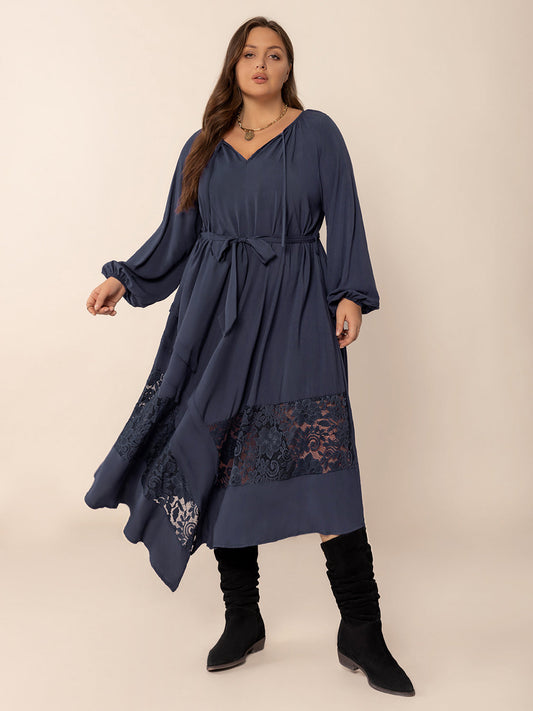 Plus Size Lace Detail Tie Neck Long Sleeve Midi Dress Trendsi