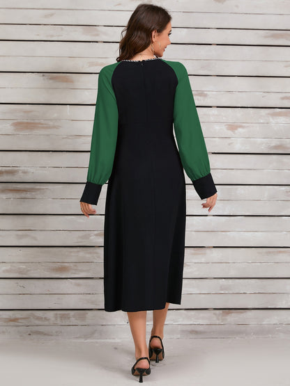 Ruched Contrast Long Sleeve Midi Dress Trendsi