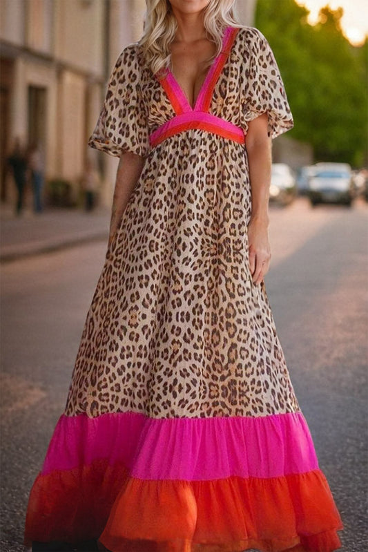 Full Size Leopard V-Neck Half Sleeve Maxi Dress Trendsi