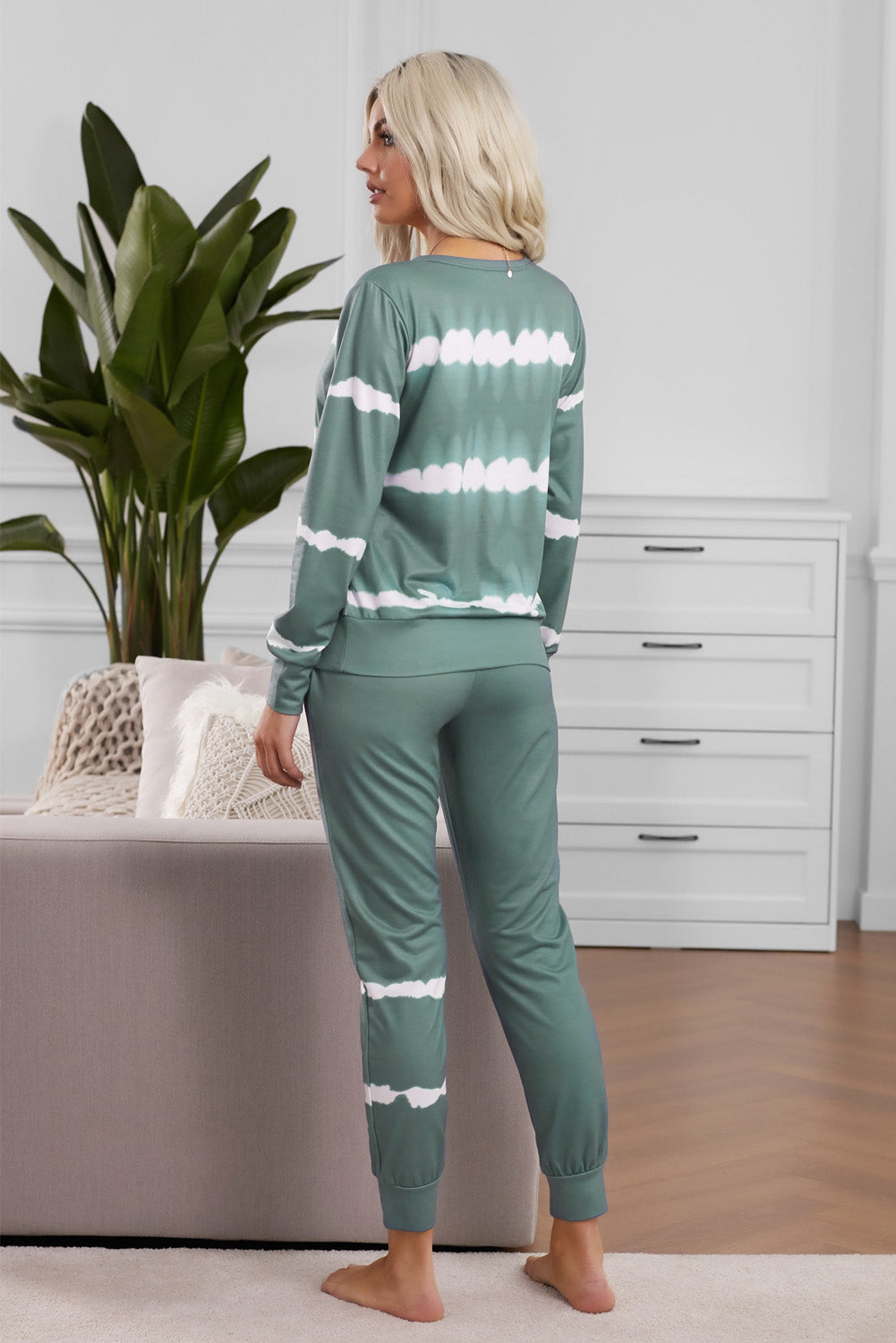 Army Green Tie-dye Stripes Pullover Top and Pants Lounge Set Lavender Pallas