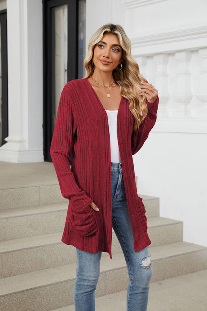 Pocketed Open Front Long Sleeve Cardigan Trendsi