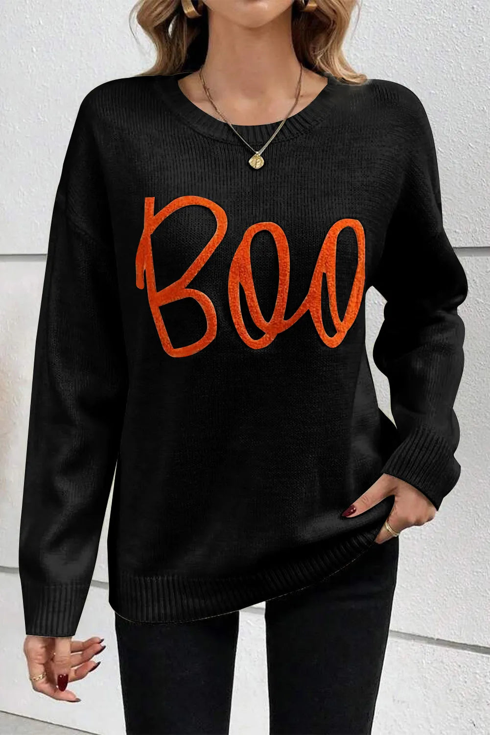 BOO Round Neck Long Sleeve Sweater Trendsi