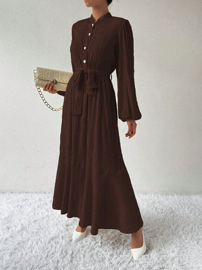 Half Button Tie Waist Long Sleeve Maxi Dress Trendsi