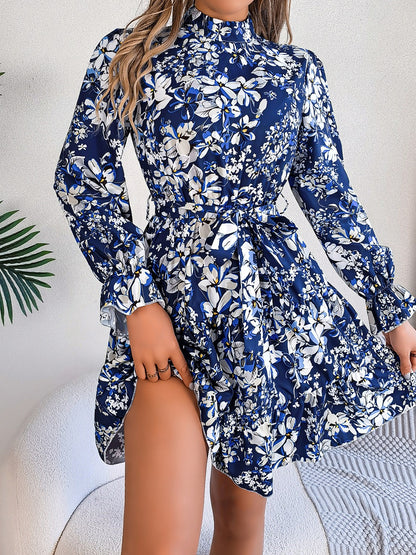 Printed Mock Neck Flounce Sleeve Mini Dress Trendsi