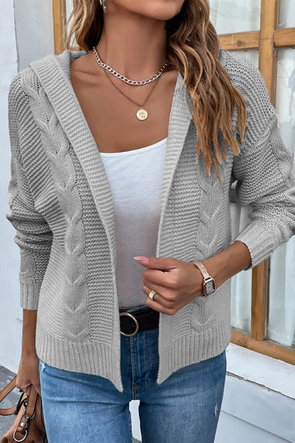 Cable-Knit Dropped Shoulder Hooded Cardigan in grey with open front, cable-knit pattern, and long sleeves.