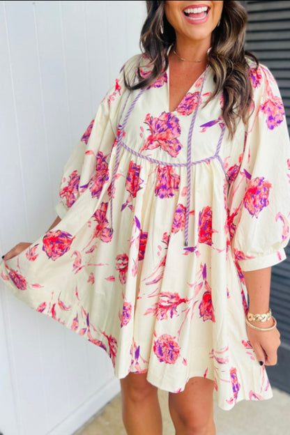 Tied Flower Printed Three-Quarter Sleeve Dress Trendsi