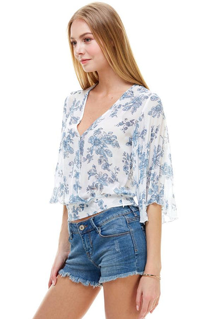 LONG SLEEVE SURPLICE FLORAL TOP Indigo Arrowwood