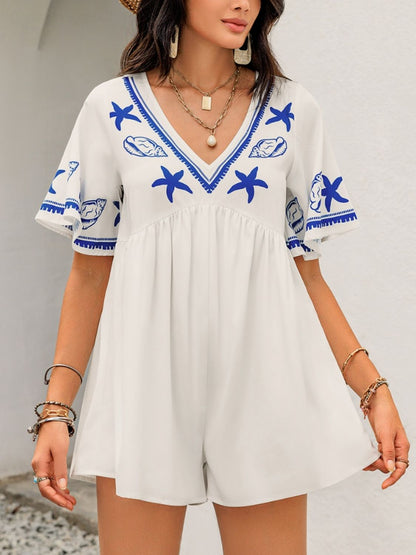 Printed V-Neck Half Sleeve Romper Trendsi