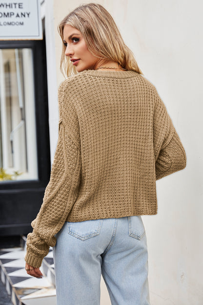 Cable-Knit Round Neck Dropped Shoulder Sweater Trendsi