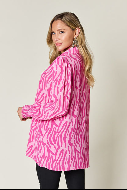 Double Take Full Size Printed Smocked Long Sleeve Blouse Trendsi