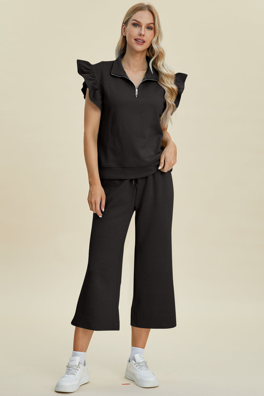 Double Take Full Size Texture Ruffle Short Sleeve Top and Wide Leg Pants Set Trendsi