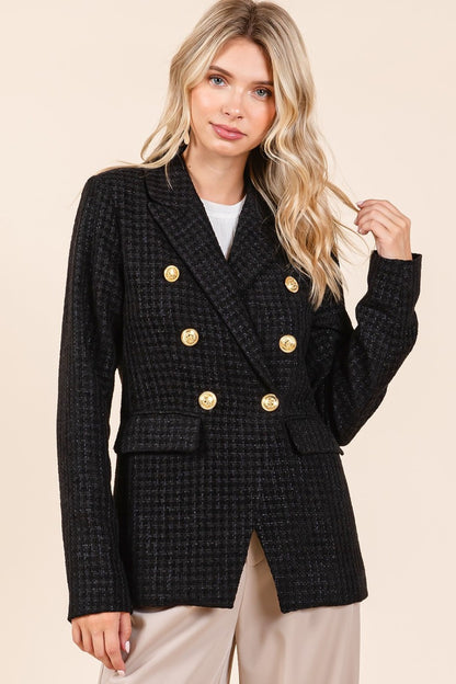 Mittoshop Plaid Texture Double-Breasted Long Sleeve Blazer Trendsi