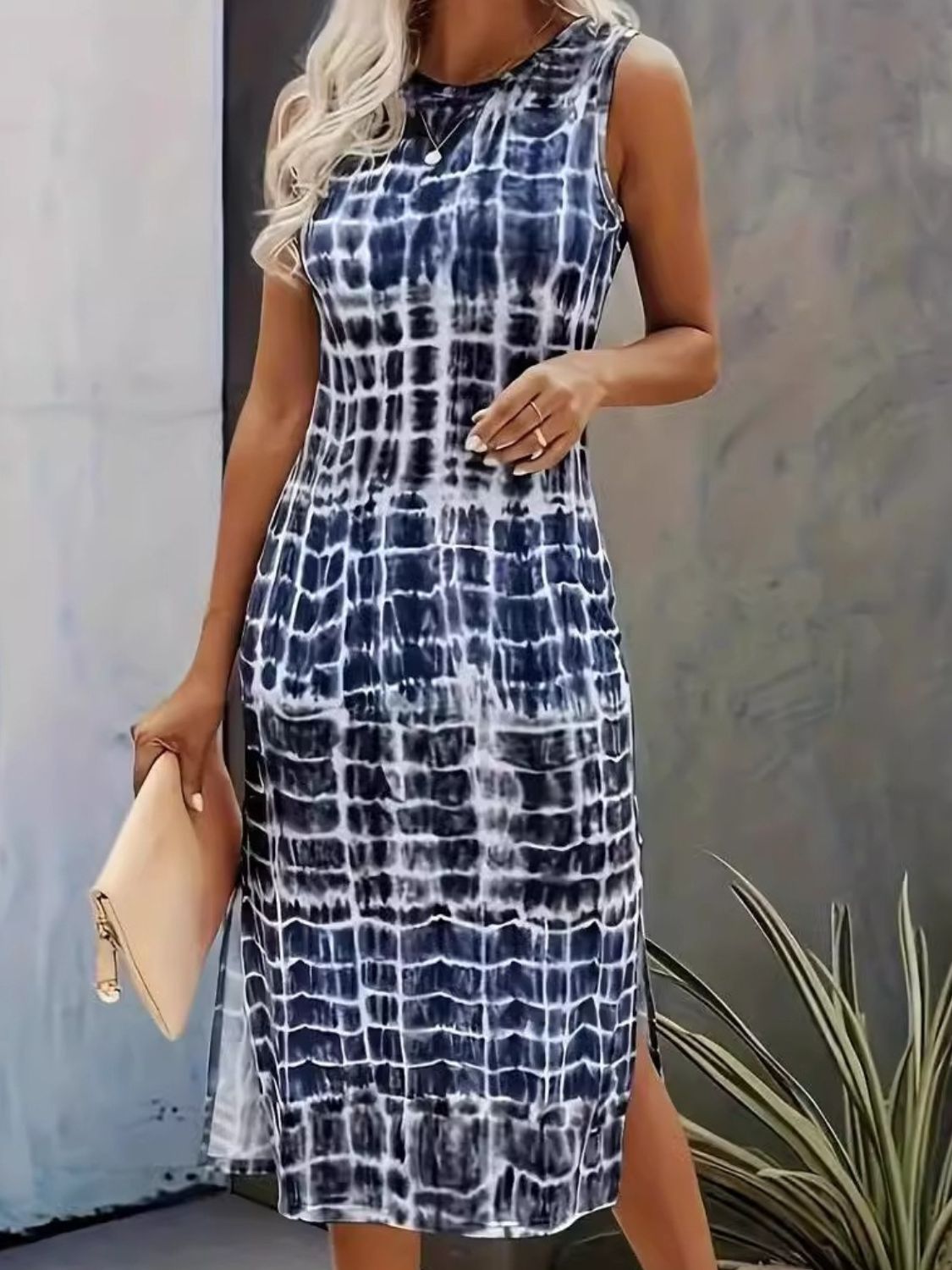 Slit Printed Round Neck Sleeveless Dress Trendsi