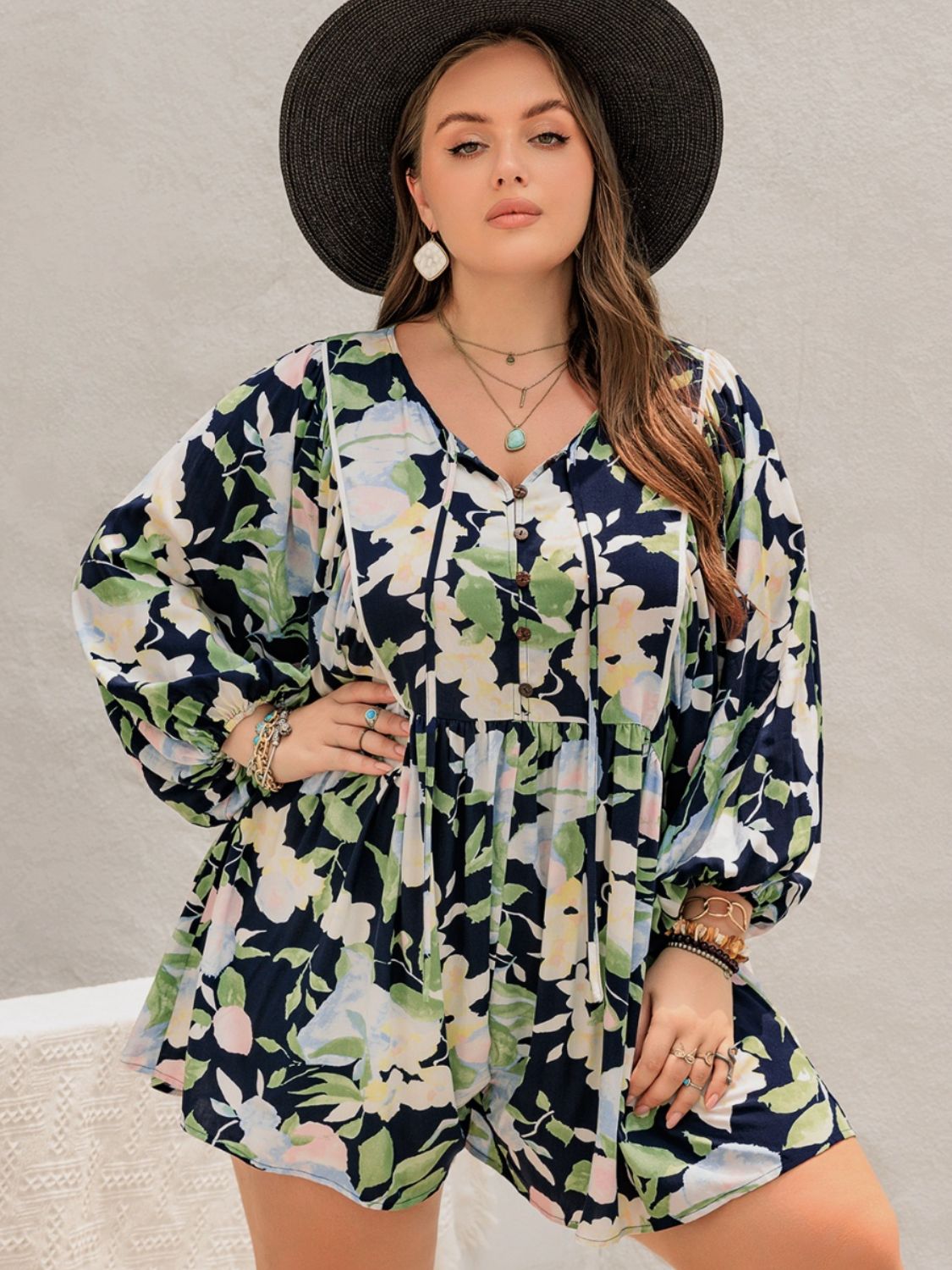 Plus Size Tied Printed Long Sleeve Romper Trendsi