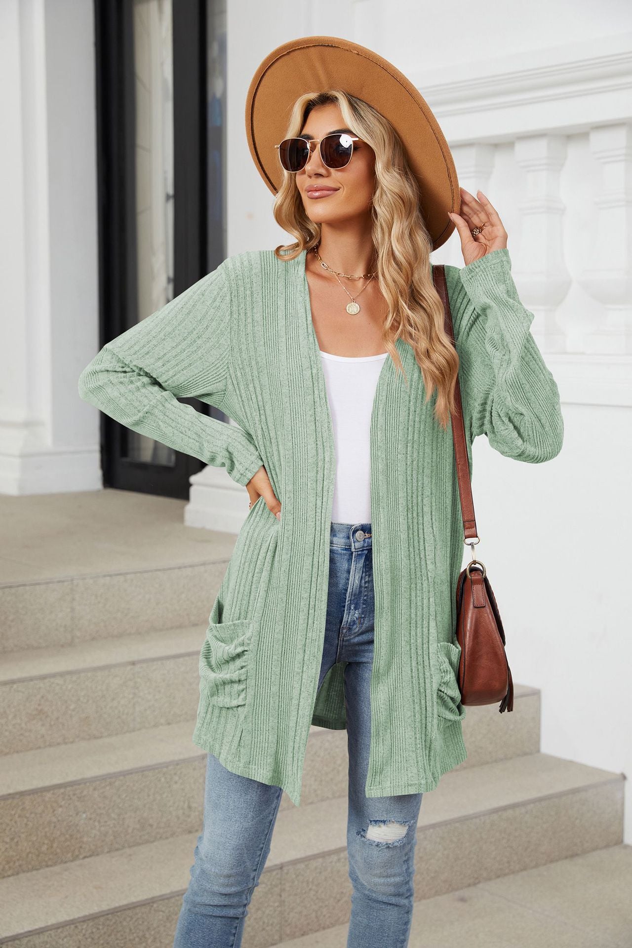 Pocketed Open Front Long Sleeve Cardigan Trendsi