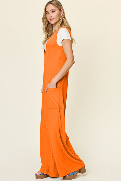 Double Take Full Size Sleeveless Wide Leg Jumpsuit with Pockets Trendsi