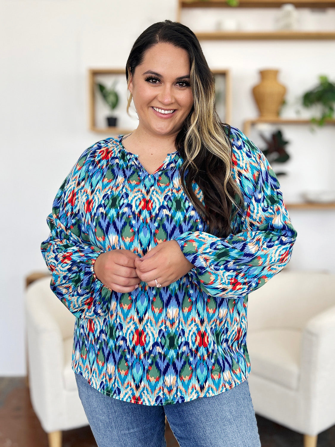 Double Take Full Size Printed Balloon Sleeve Blouse Trendsi