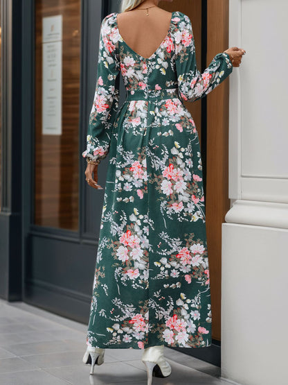 Perfee Slit Printed Surplice Long Sleeve Maxi Dress Trendsi