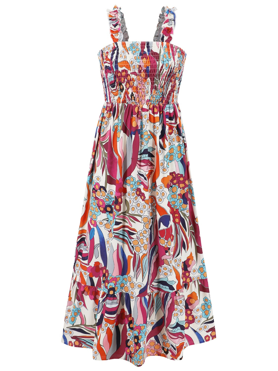 Smocked Printed Square Neck Sleeveless Dress Trendsi