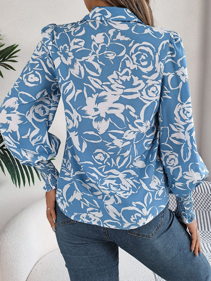 Printed Collared Neck Lantern Sleeve Shirt Trendsi