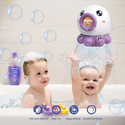 Octopus fountain bath toy spraying water in bathtub with happy children.