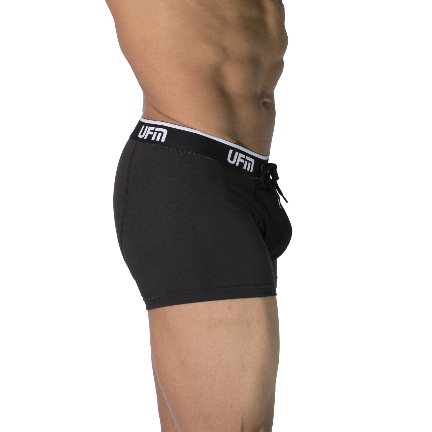 UFM Trunk 3" Bamboo REG Support men's underwear, black, side view, adjustable pouch.