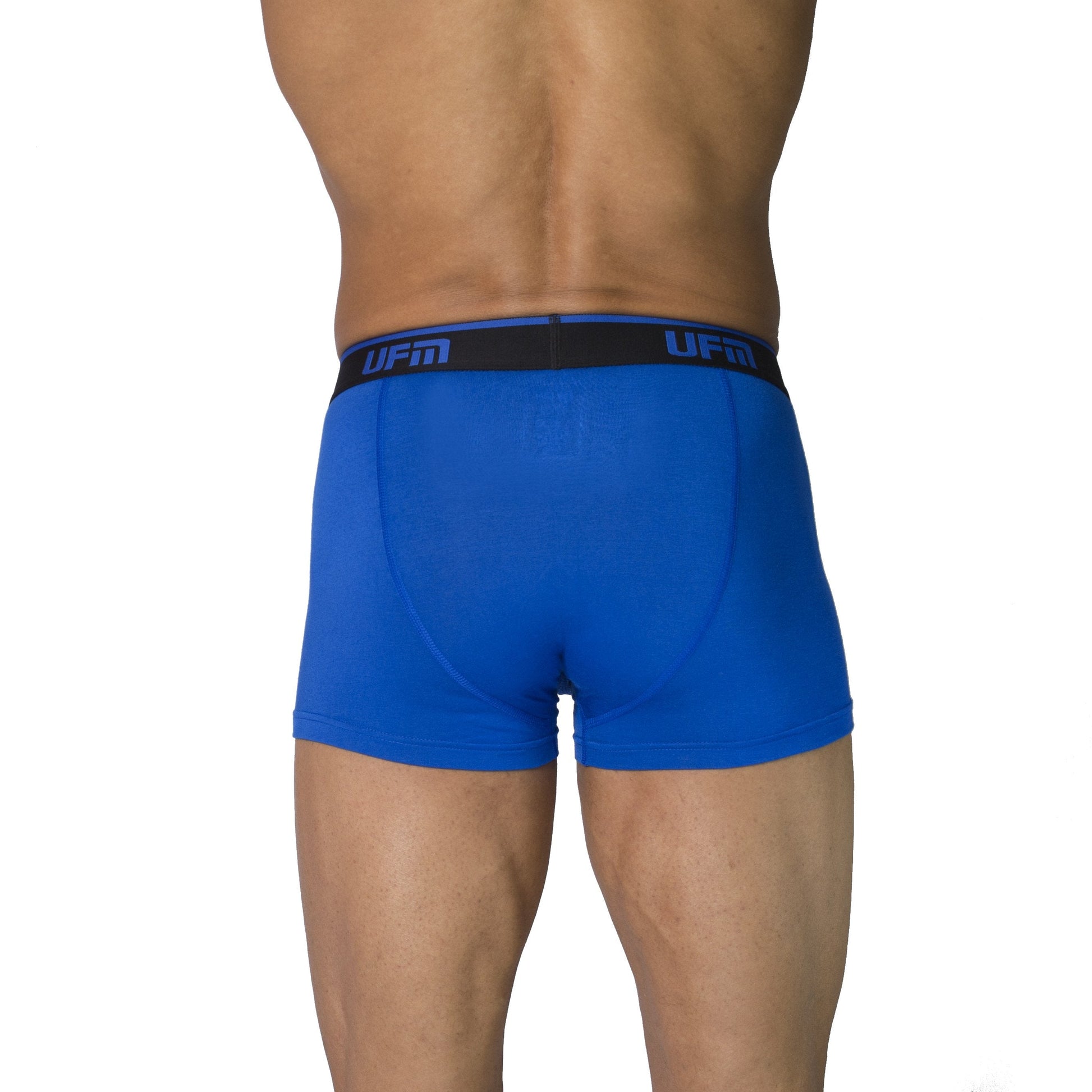 Men's Royal Blue UFM Trunk 3" Bamboo REG Support Underwear with adjustable pouch, back view.