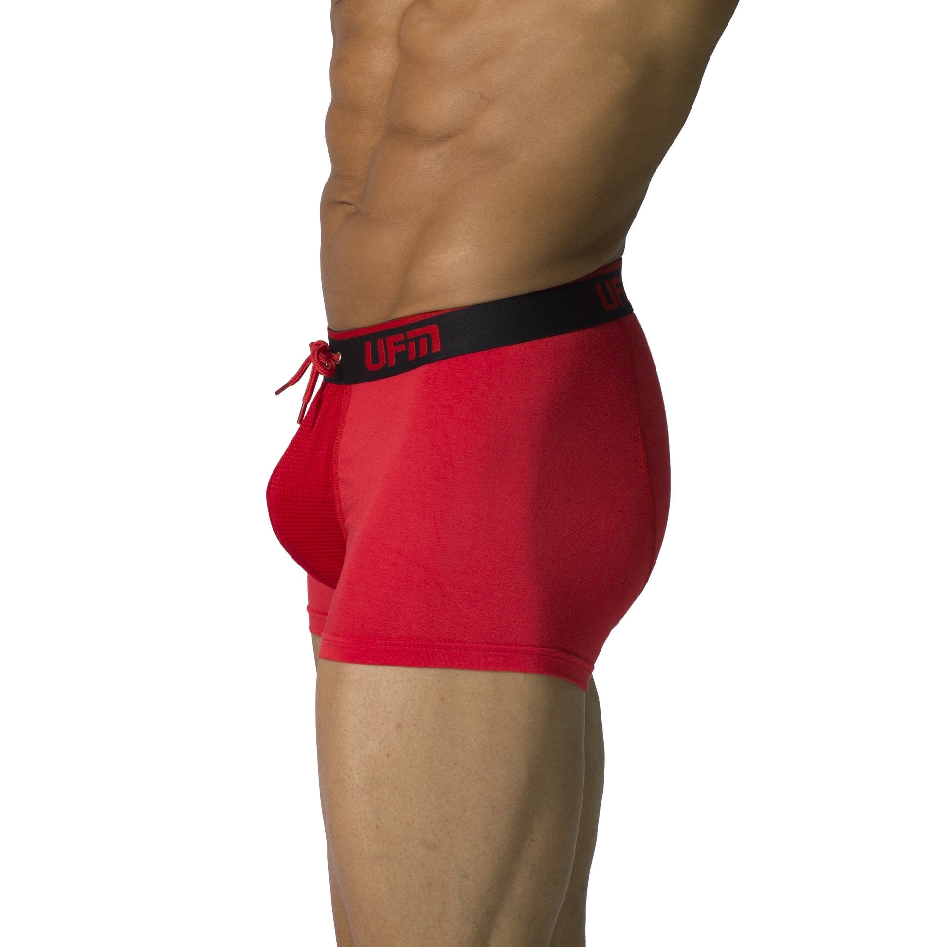 Men's red UFM Trunk 3" bamboo underwear with adjustable pouch for support.