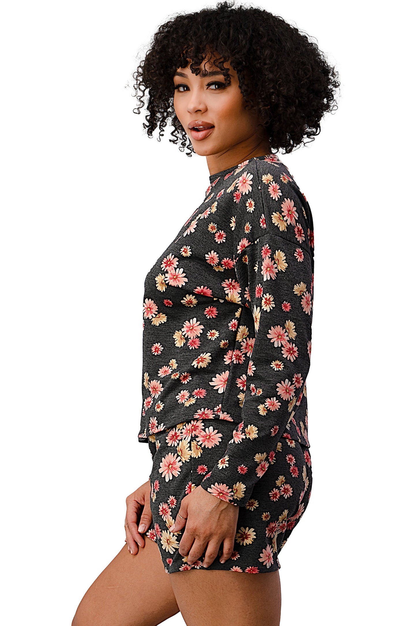 Floral Lounge Set - Comfy Long Sleeve Top and Shorts Indigo Arrowwood