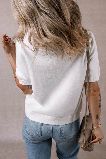 Button Up Round Neck Short Sleeve Knit Top Trendsi