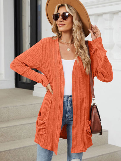 Pocketed Open Front Long Sleeve Cardigan Trendsi