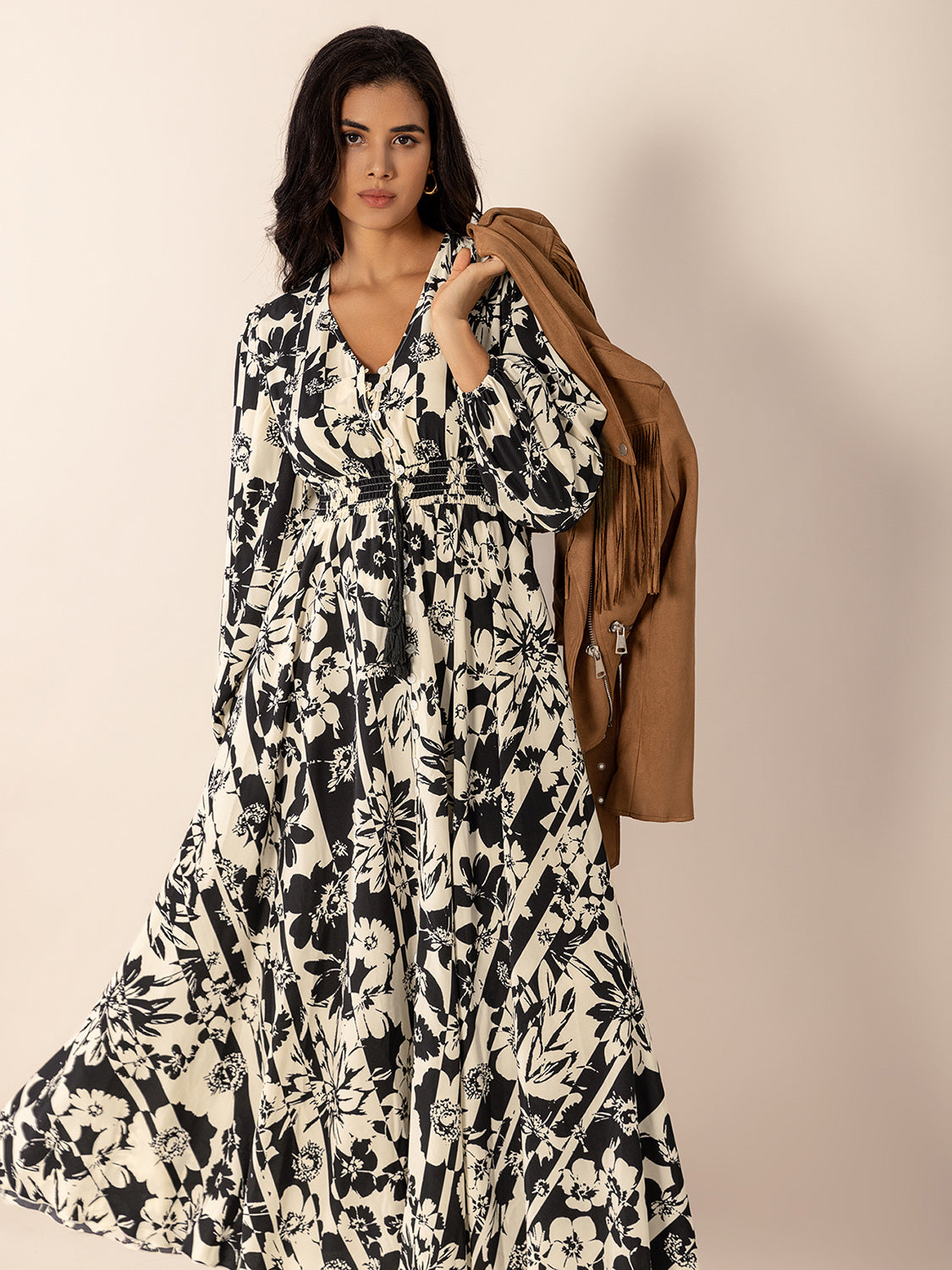 Tied Printed V-Neck Long Sleeve Midi Dress Trendsi