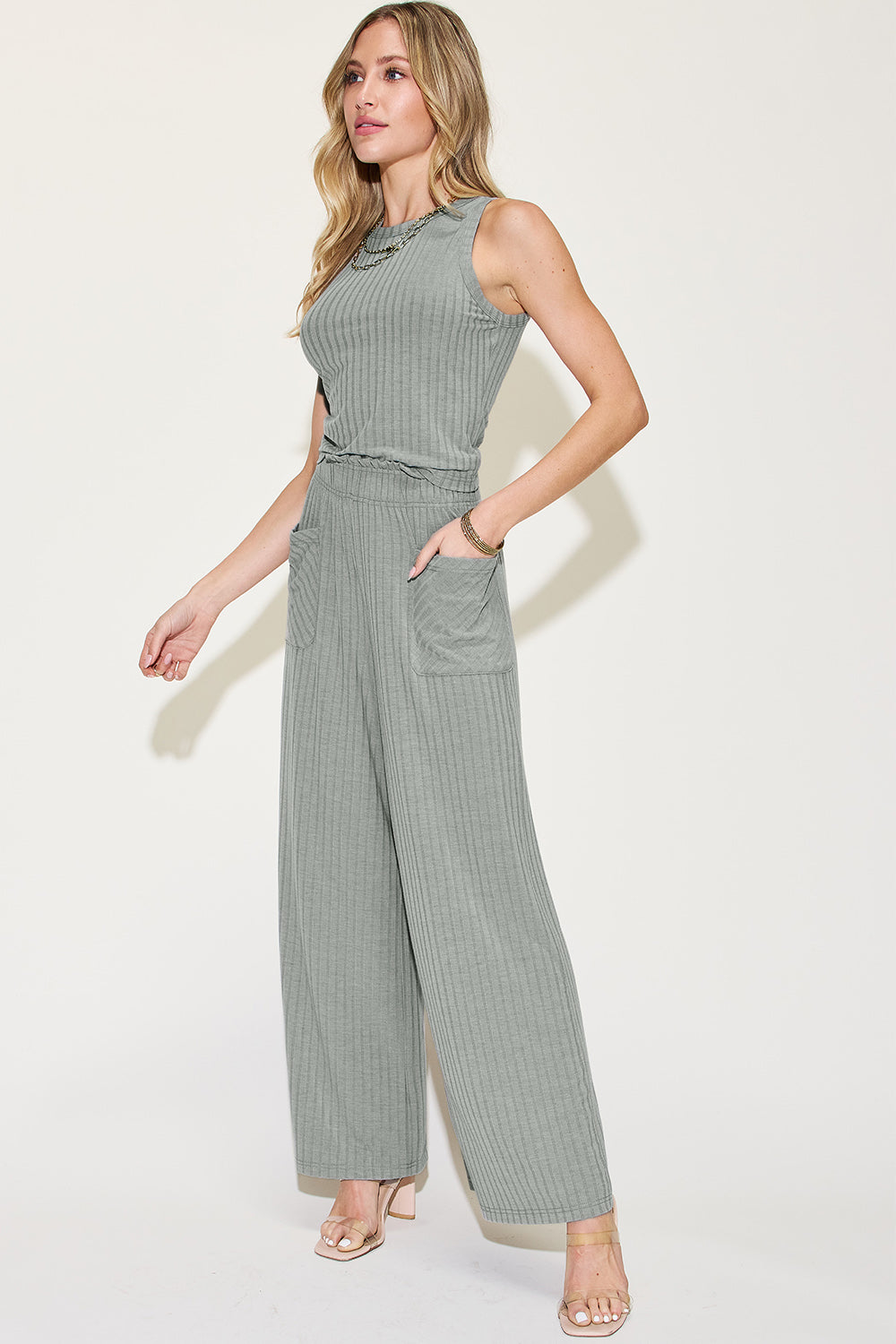 Basic Bae Full Size Ribbed Tank and Wide Leg Pants Set Trendsi