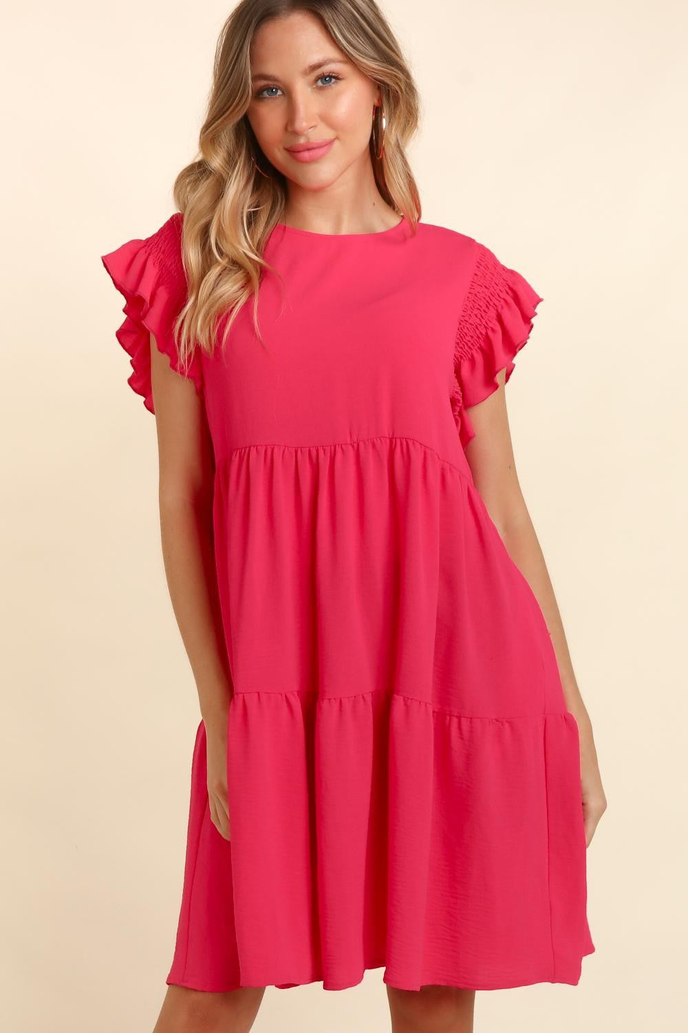 Haptics Full Size Smocking Ruffle Short Sleeve Dress with Pockets Trendsi