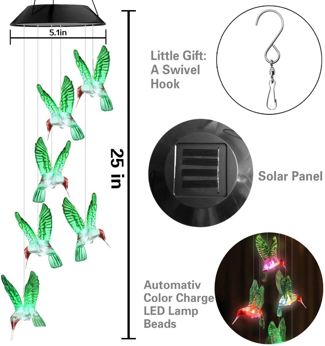 Outdoor solar wind chime light Hummingbird wind chime garden light Pink Iolaus