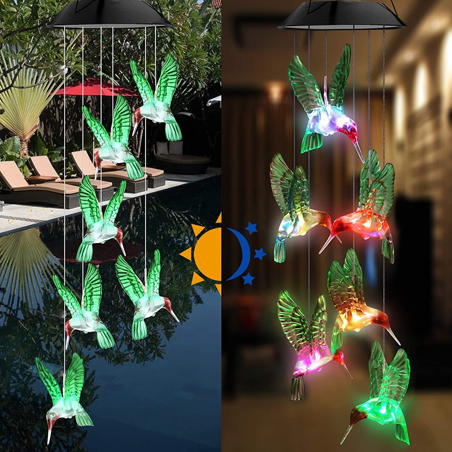 Outdoor solar wind chime light Hummingbird wind chime garden light Pink Iolaus