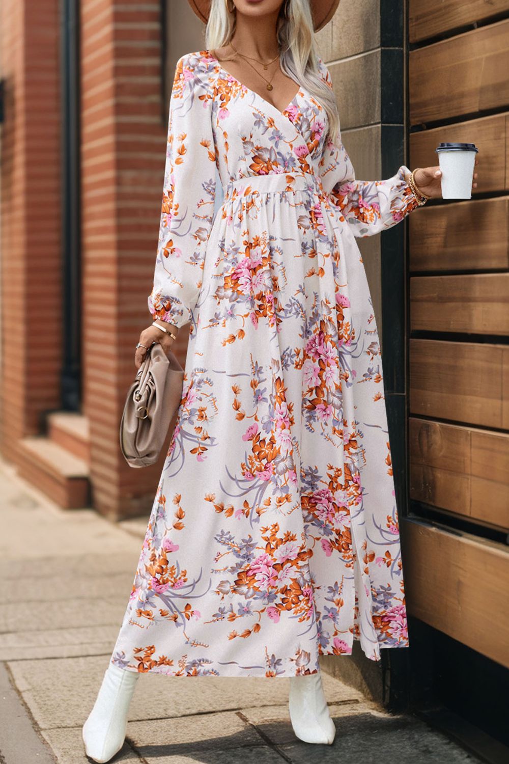 Perfee Slit Printed Surplice Long Sleeve Maxi Dress Trendsi