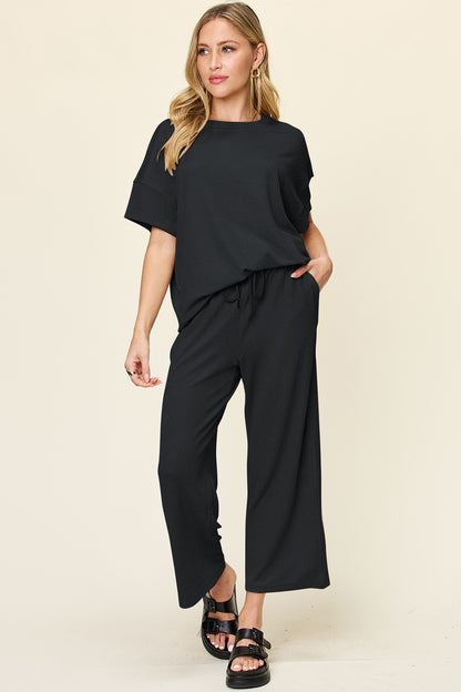 Double Take Full Size Texture Round Neck Short Sleeve T-Shirt and Wide Leg Pants Trendsi